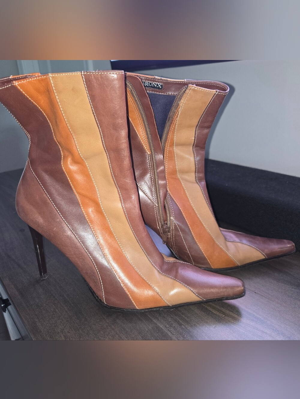 Bronx Two-Tone Leather Striped Ankle Boots in Brown and Tan
